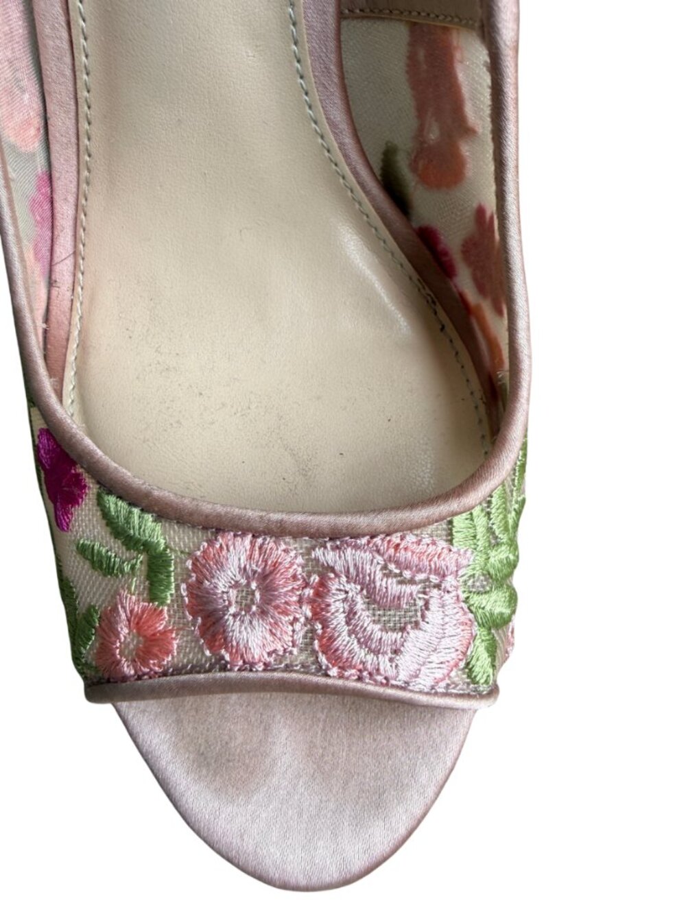 Betsey Johnson Embroidered Floral Peep Toe Heels Size 6 Pink Satin Mesh Stiletto - Picture 13 of 15